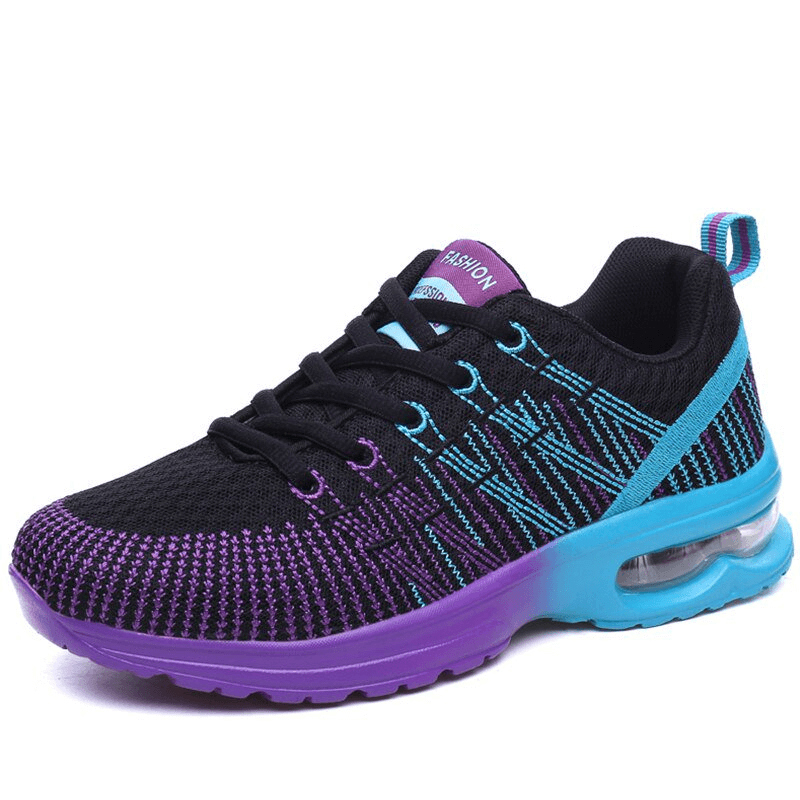 Stylish bright mesh women's sneakers in black, purple, and teal, featuring breathable upper and lightweight EVA outsole. Ideal for active wear.